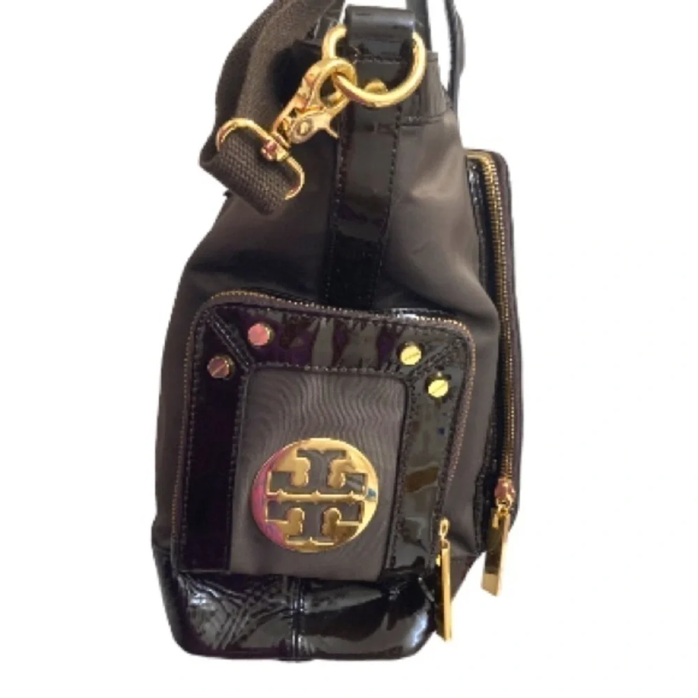Tory Burch brown nylon and leather baby bag or travel bag tote shoulder strap